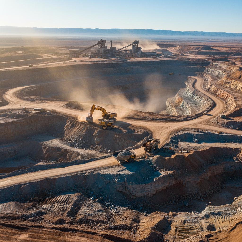 Cargío de camiones mineros con excavadora al amanecer, con la planta de procesamiento al fondo