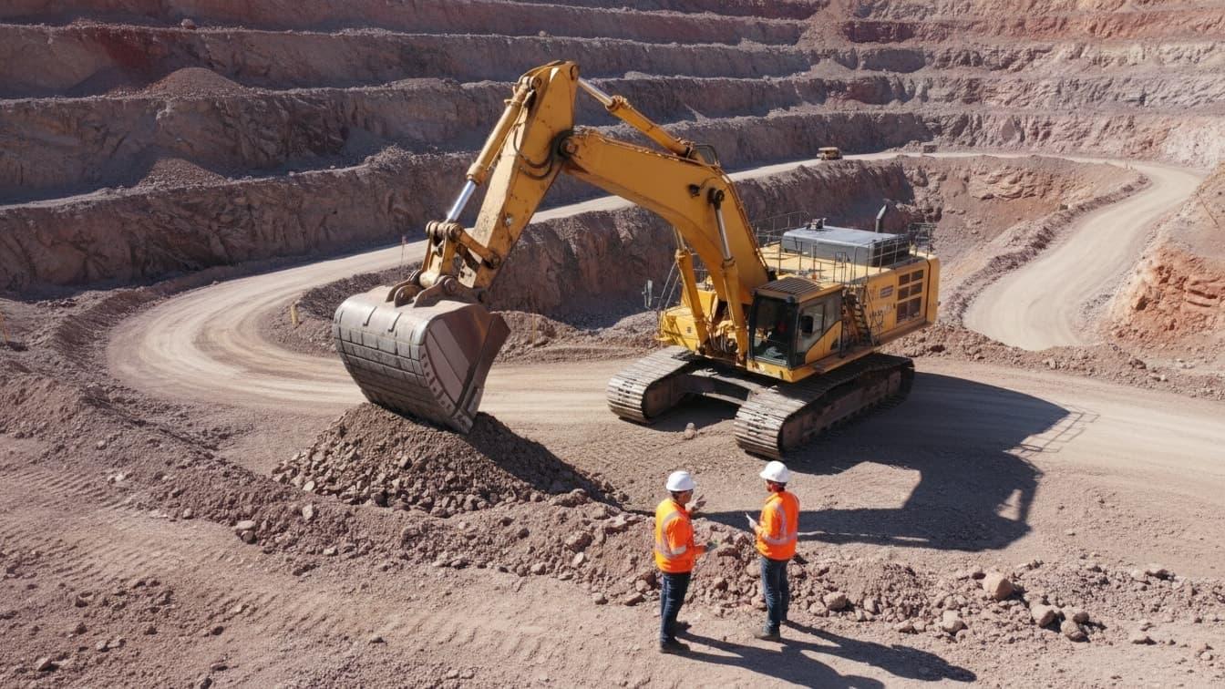 Excavadora en plena explotación minera junto a dos trabajadores con chaleco reflectante supervisando la faena
