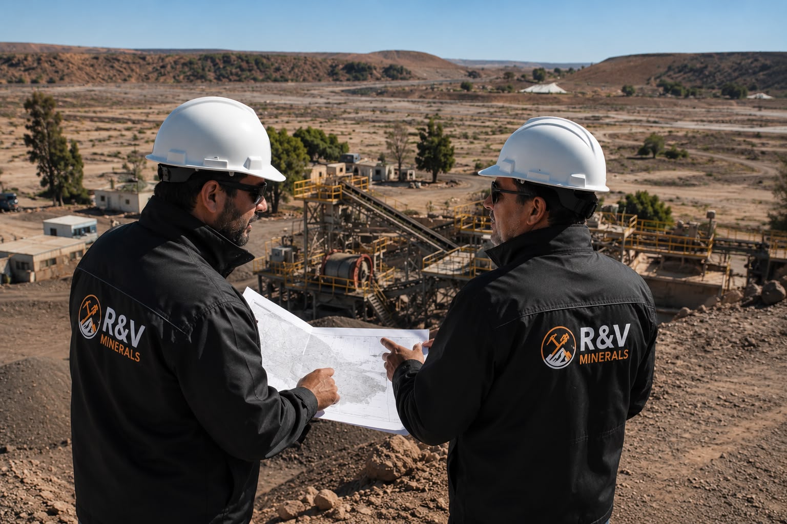 Equipo de R&V Minerals revisando plano de faena en terreno